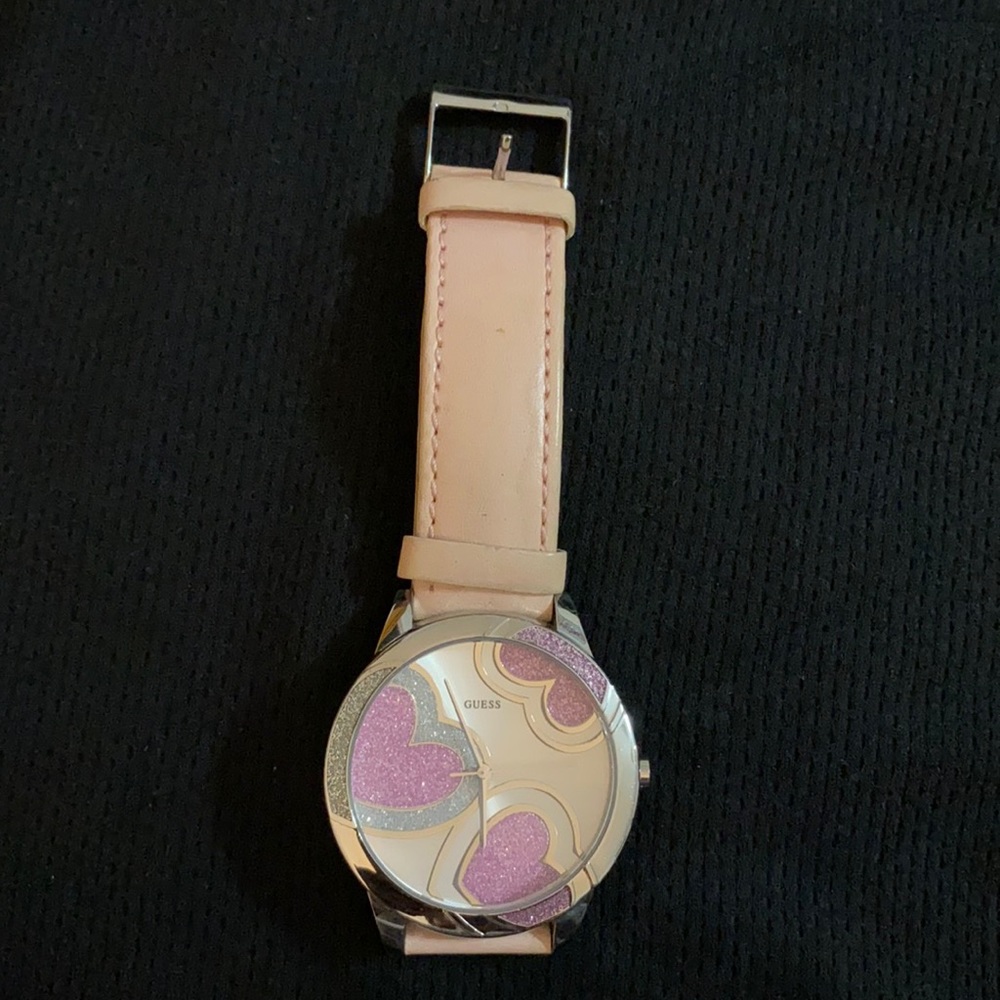 Pink Guess with Sparkly Hearts Leather Watch